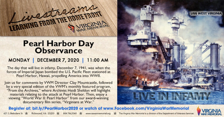 VA War Memorial to Observe Virtual Pearl Harbor Remembrance Day