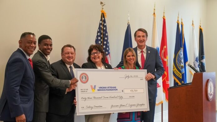 Governor Glenn Youngkin Presents Salary Donation at Jones and Cabacoy Veterans Care Center on Tuesday, July 26, 2022. (Official Photo by Christian Martinez, Office of Governor Glenn Youngkin.)