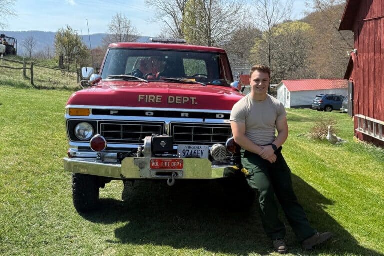Student perfects his balancing act while fighting fires and cheering on the Hokies