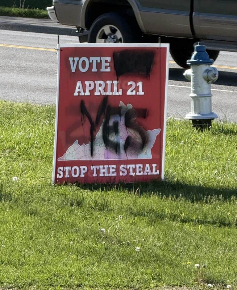 Some on the “Vote Yes to Restore Fairness” Side Vandalize, Steal “Vote No” signs; Spanberger Silent